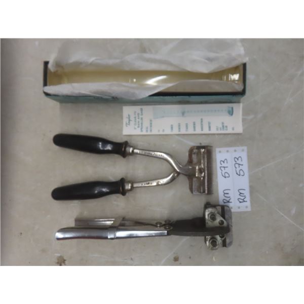 Vintage TAYLOR Rain Gauge, & 2 Shears, Livestock & Metal Mitre Sheet Metal Cutter Tools