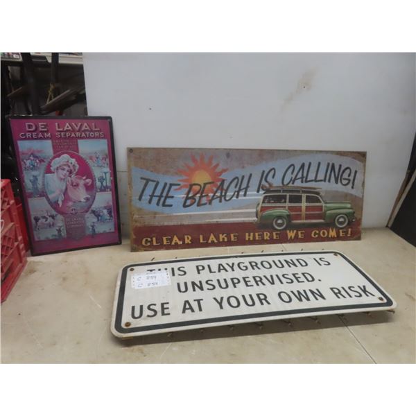 Three Metal Signs Including Clear Lake (), De Laval (), And Playground Unsupervised With Chain Link
