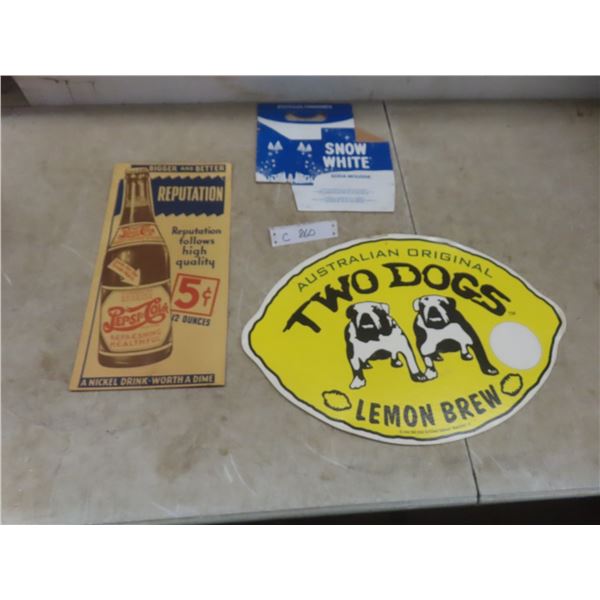 Two Cardboard Signs - Pepsi Cola , Two Dogs , and Cardboard Snow White 6 Pack Carrier