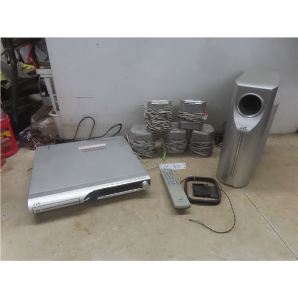 JVC DVD Receiver With Subwoofer, Five Surround Speakers, Wiring, And Remote