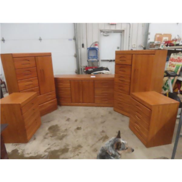Five-Piece Oak-Style Bedroom Suite Including Two Nightstands (), Two Armoires (), And Dresser