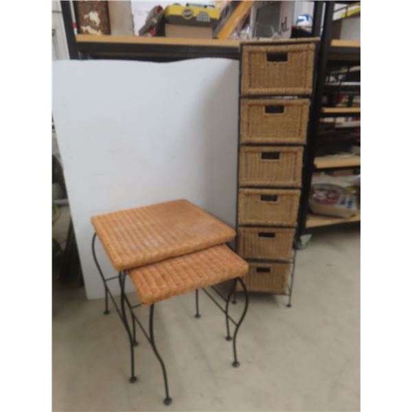 Rattan / Wicker Basket-Style Six-Drawer Storage Unit & Two-Piece Nesting Tables