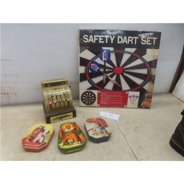 Safety Dart Set With Buddy L Toy Cash Register And Three Vintage Candy Tins