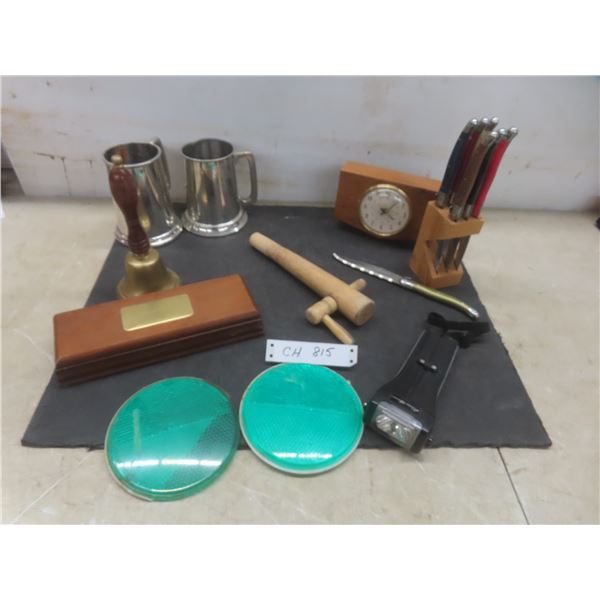 Two Pewter Mugs With Glass Bottoms, Brass Bells, Barrel Spigot, Desk Clock, Steak Knives, And More