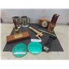 Image 1 : Two Pewter Mugs With Glass Bottoms, Brass Bells, Barrel Spigot, Desk Clock, Steak Knives, And More