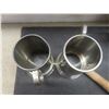 Image 4 : Two Pewter Mugs With Glass Bottoms, Brass Bells, Barrel Spigot, Desk Clock, Steak Knives, And More