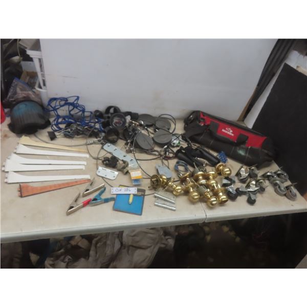 Husky Tool Bag Filled With Pulleys, Knee Pads, Clips, Shelf Brackets, Casters, Hinges, Door Knobs,
