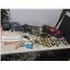 Image 1 : Husky Tool Bag Filled With Pulleys, Knee Pads, Clips, Shelf Brackets, Casters, Hinges, Door Knobs,