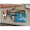 Image 9 : Husky Tool Bag Filled With Pulleys, Knee Pads, Clips, Shelf Brackets, Casters, Hinges, Door Knobs,