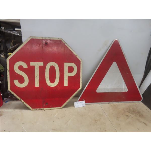 Two Metal Street Signs - Stop Sign () + Triangular Warning Sign ()