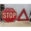 Image 1 : Two Metal Street Signs - Stop Sign () + Triangular Warning Sign ()