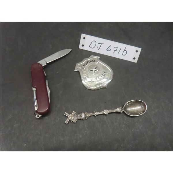 Collectibles: Police Badge, Multi-Use Knife, And Silver-Plated Spoon