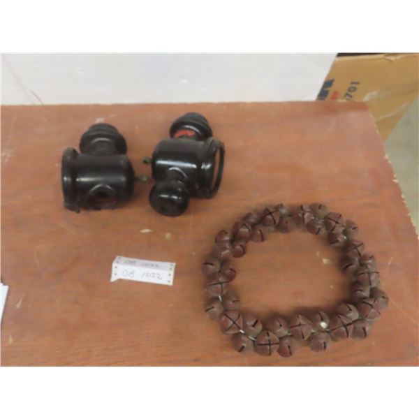 Vintage Metal Jingle Bell Wreath and Two Ford Model T Headlights
