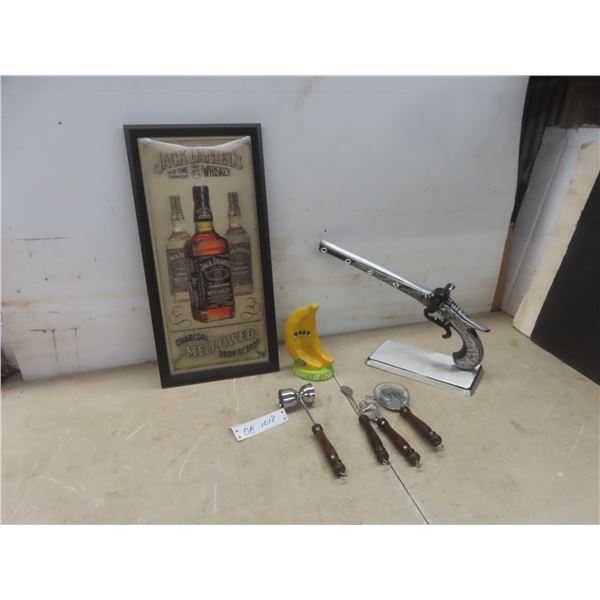 Jack Daniel Sign 21" x 10", Four Piece Bar Tools, Metal Replica Flintlock Pistol Display