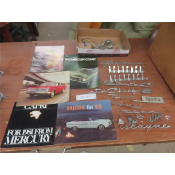 Chrome Car Emblems: Galaxie, Belvedere, and Letters Plus Five Car Brochures Including 1968 Falcon a