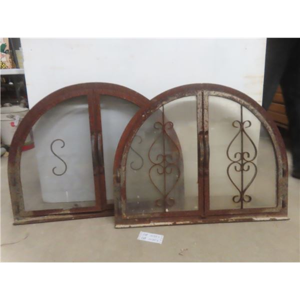 Two Antique Wrought Iron Arched Transom Fireplace Grills, One With Glass and One With Mesh, "
