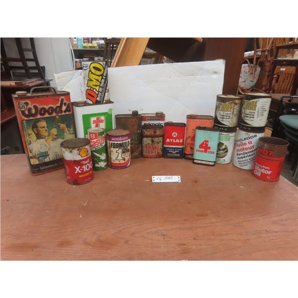 Vintage Oil Cans, Brake Fluid, Linseed Oil, Woods Some With Product