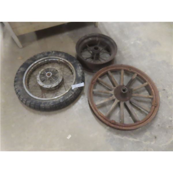 Vintage Spoked Wheel 25" Across, Eight Steel Spoked Rim 16 1/2", and Wood Spoke Wheel 24"