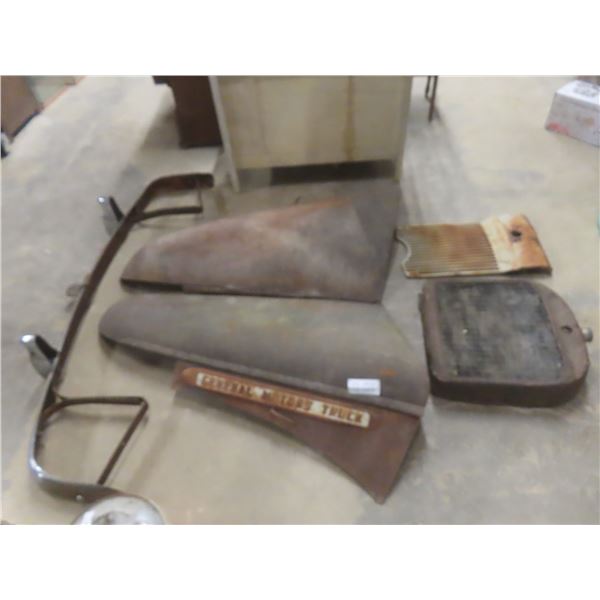 Pallet Lot of Vintage Auto Parts Including Two-Piece Hinged Hood for GM Truck, Chrome Bumper, Radia