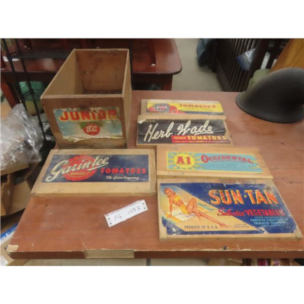 Junior Wood Crate 8" x 18" x 9" and Five Wood Panels From Fruit Crates