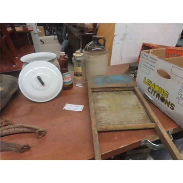 Wash Board, Finger Crock, Enamel Pot, and Two Glass Jars