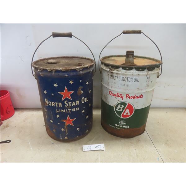 Two Five-Gallon Pails of North Star Oil and BA Motor Oil