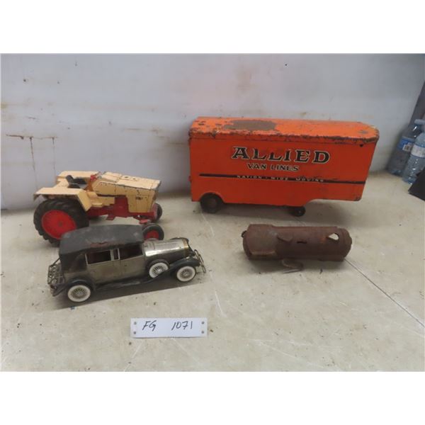Tonka Pressed Allis Chalmers, Van Lines Tractor Section, Case Tractor, Rusty Wind-Up Train,