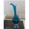 Image 4 : Vintage Empoli-Style Handblown Blue Glass Decanter With Stopper and Twisted Handle, Murano-Style Cu
