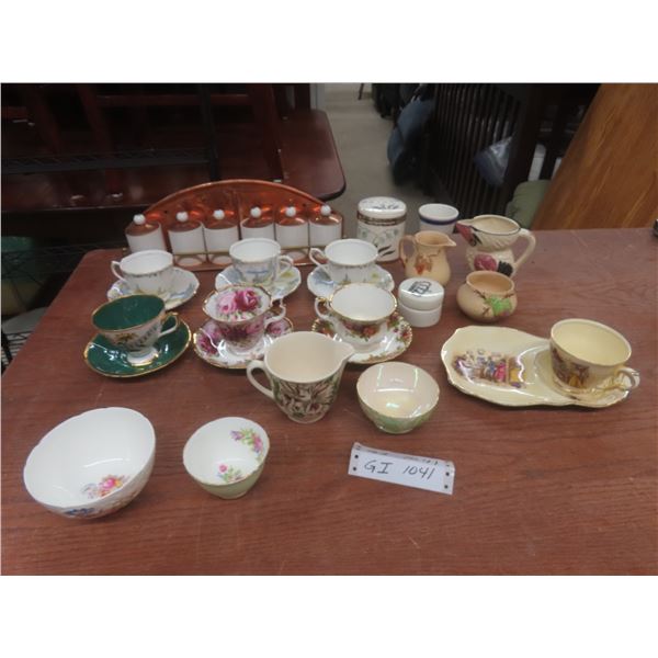 Six-Piece Copper and Ceramic Spice Jar Set, Seven Cups With Saucers, Royal Albert, Royal Winton, Cr