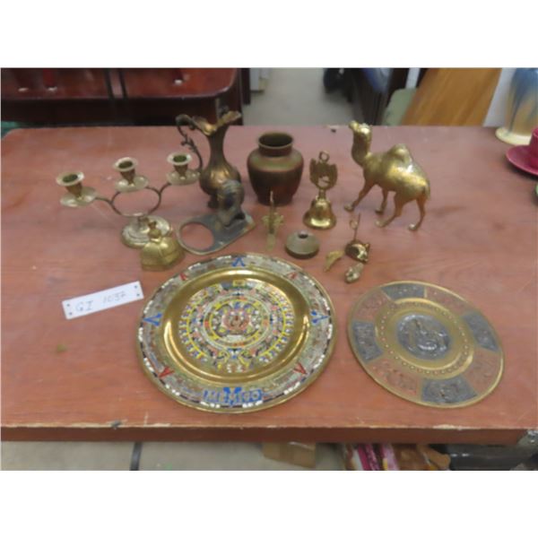 Brass Display Plates, Pitcher, Bell, Figures, Candlestick Holders, and More
