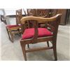 Image 12 : Six Antique Oak Dining Chairs With Red Velvet Seating Including One Captain’s Chair