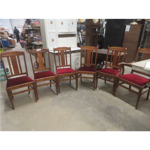 Six Antique Oak Dining Chairs With Red Velvet Seating Including One Captain’s Chair