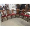 Image 1 : Six Antique Oak Dining Chairs With Red Velvet Seating Including One Captain’s Chair