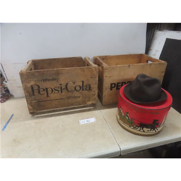 Two Pepsi-Cola Wood Crates 12 1/2" x 19" x 12" and Knox Mens Hat Size 7 1/2 With Hat Box