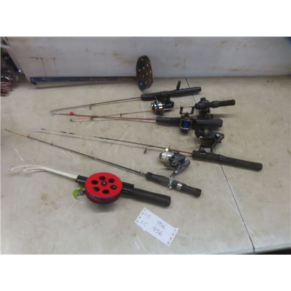 Six Ice Fishing Rods, Reel, and Straining Ladle