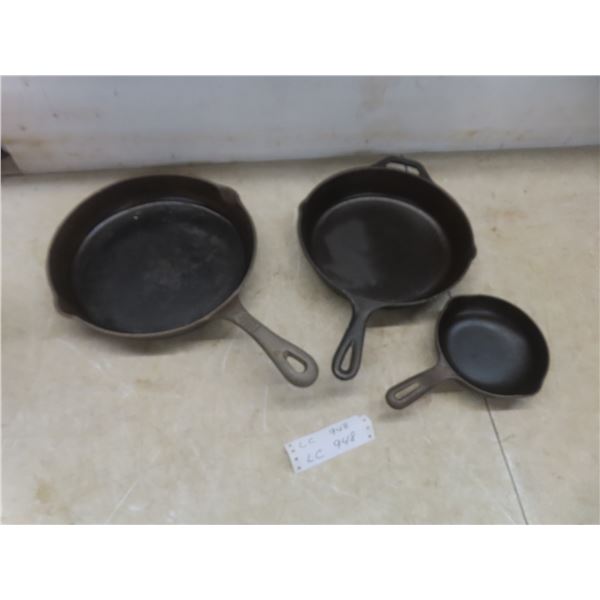 Three Cast Iron Fry Pans 11 1/2", 8", and 4"