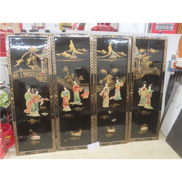 Four Vintage Chinese Black Lacquer Wall Panels 36" x 12"