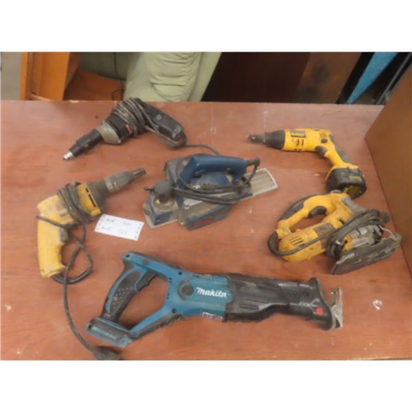 Four Power Tools: DeWalt and Porter-Cable Drivers, Ryobi Planer, Makita Reciprocating Saw, and DeWa