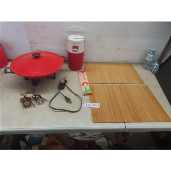 Electric Wok, Chopsticks, Bamboo Style Placemats, Coleman Marlboro Picnic Jug, and Two Cork Screws