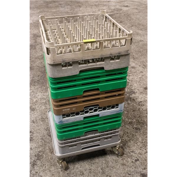 7 ASSORTED DISHWASHER TRAYS W/ ROLLING CART