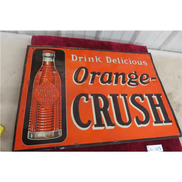 Orange Crush Drink Delicious Embossed Metal Tin Sign W/ Ribbed Bottle Graphic, 1927, 19 1/2" x 27"