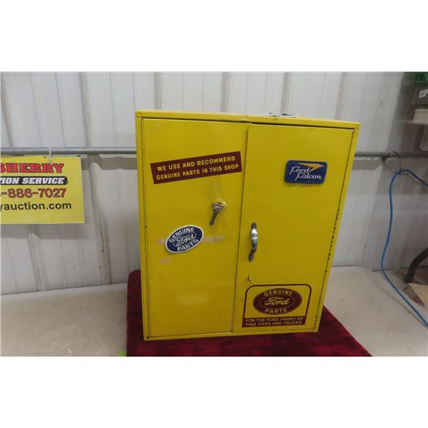 Ford Metal 2 Door Parts Cabinet, Vintage, W/ Key & Three Ford Patches, 20" x 24" x 8 1/2"