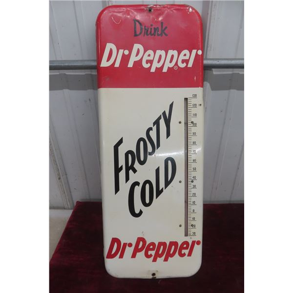 Dr Pepper Metal Tin Thermometer W/ Bulb, C. 1950s, 9 3/4" x 36"