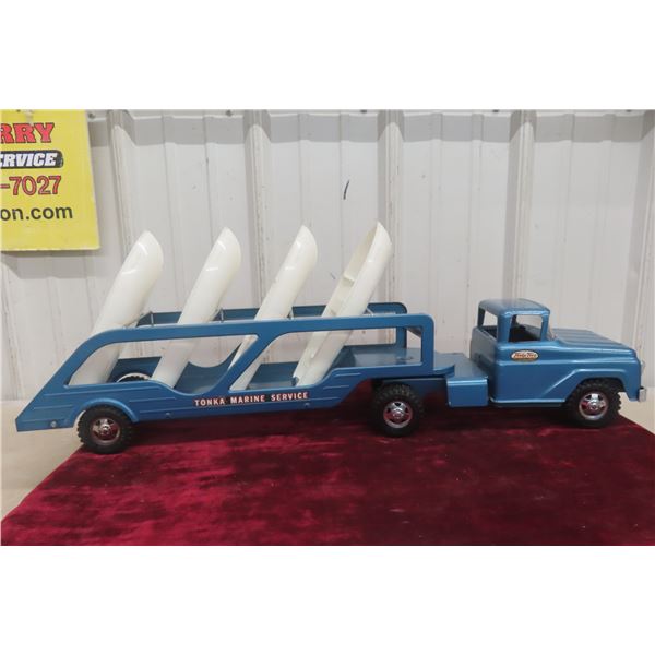 Tonka Marine Service Hauler Pressed Steel Truck W/ Boat Trailer, W/ Four Boats