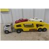 Image 10 : Structo Auto Transport Pressed Steel Truck & Trailer, W/ Two Metal Cars, C. 1950s–1960s, 22" Long