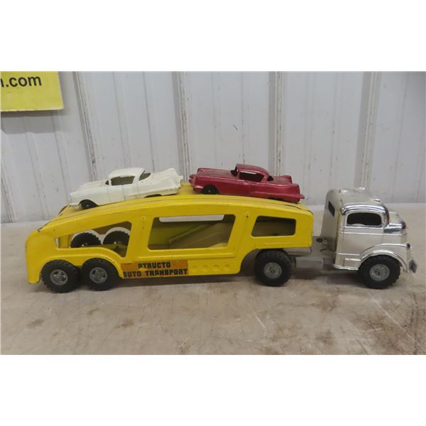 Structo Auto Transport Pressed Steel Truck & Trailer, W/ Two Metal Cars, C. 1950s–1960s, 22" Long