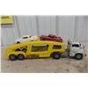 Image 1 : Structo Auto Transport Pressed Steel Truck & Trailer, W/ Two Metal Cars, C. 1950s–1960s, 22" Long