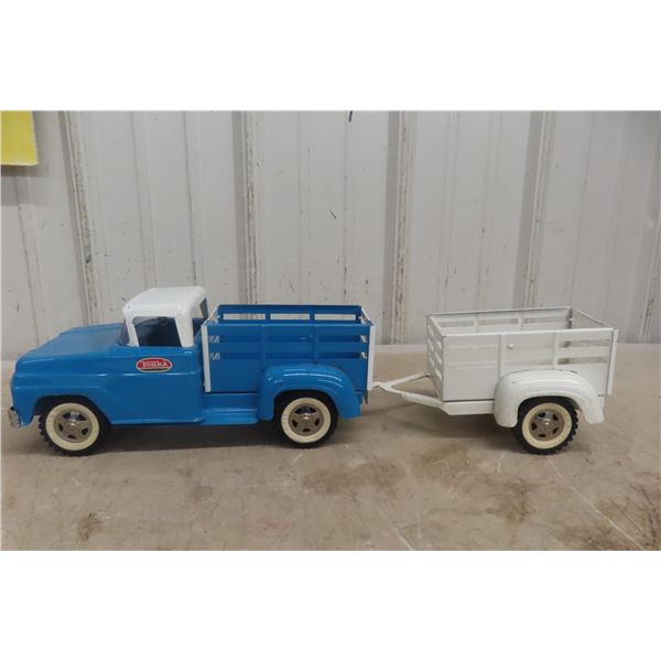 Tonka Farm Pressed Steel Stake Bed Truck W/ Horse Trailer, C. 1950s–Early 1960s, 21 1/2" Long
