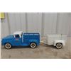 Image 1 : Tonka Farm Pressed Steel Stake Bed Truck W/ Horse Trailer, C. 1950s–Early 1960s, 21 1/2" Long