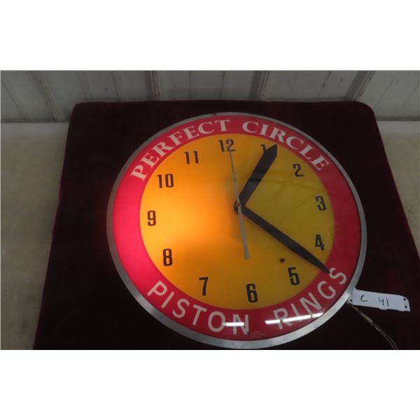Piston Ring Light-Up Clock, Working, Perfect Circle, C. 1940s–1950s, 17" Diameter